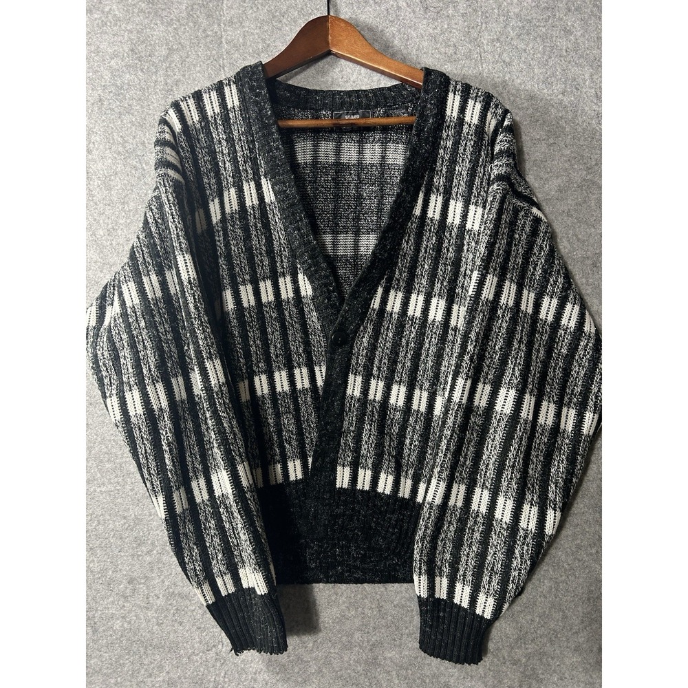 Vintage Sears The Men's Store Black White 80s Korea Knit Cardigan Sweater Prep